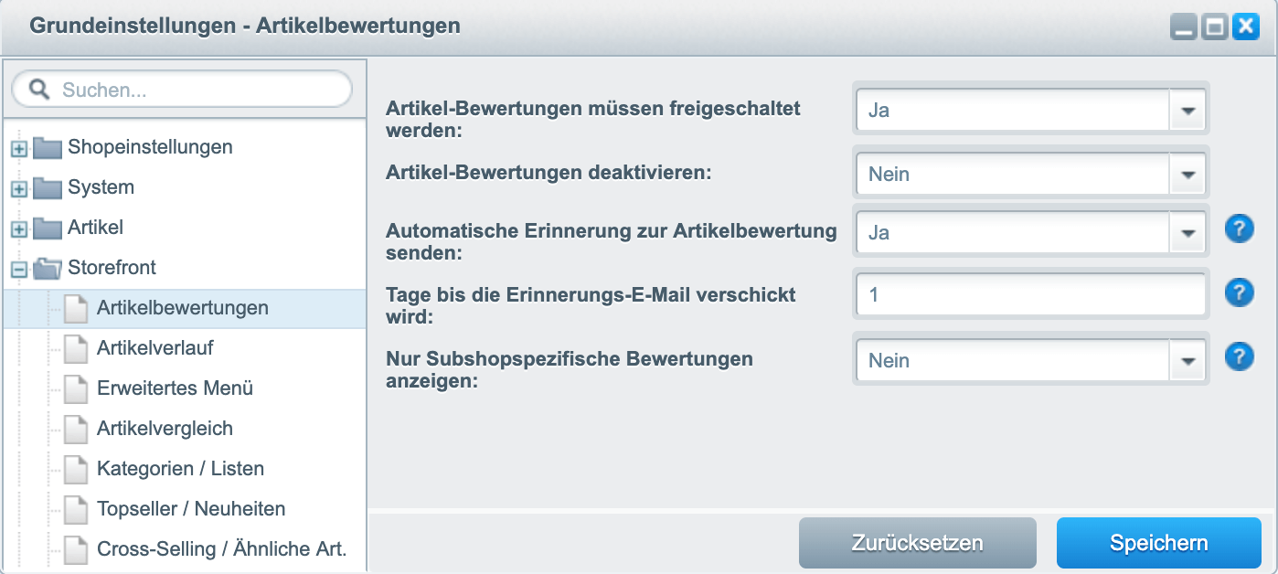 Menü Artikelbewertungen Menü Artikelbewertungen Shopware