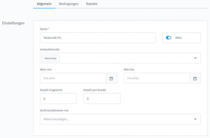Aktion einrichten bei Shopware Ansicht Shopware-Backend für Rabatt-Aktionen